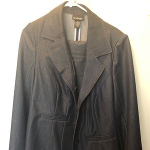 Dark denim colored pants with suit jacket